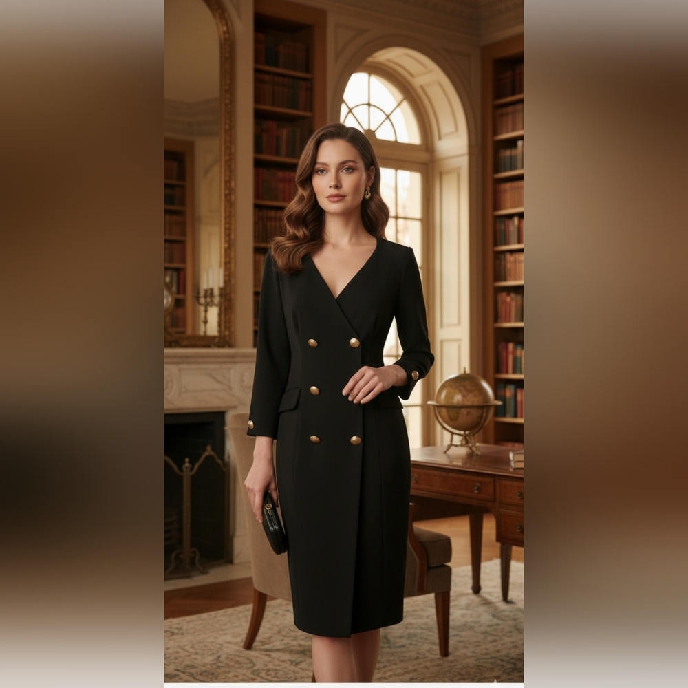 Donna KARAN NY Elegant Black Double-Breasted Dress with Gold Buttons Sz.4